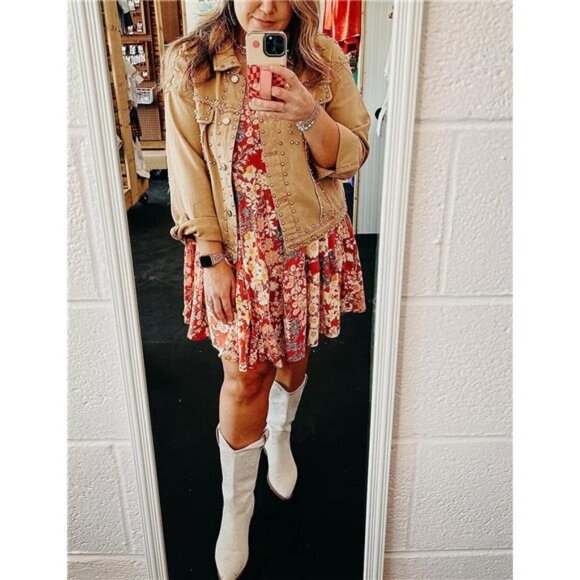 Khaki Tan Denim Studded Jacket Distressed Western Embellished Jean Trucker Jacke - Picture 8 of 9